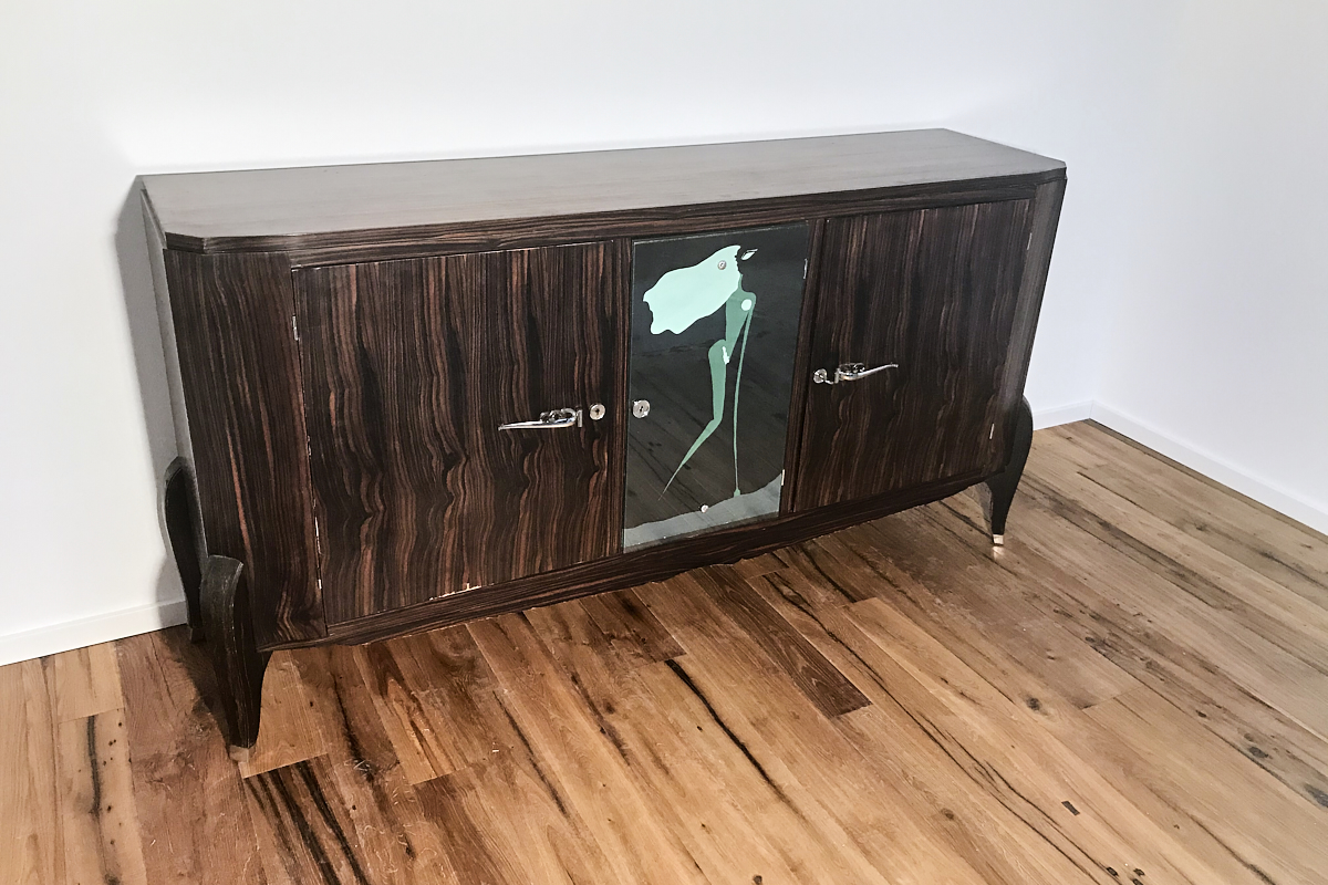   Art Deco Sideboard Makassar from France around 1925 with painted mirror