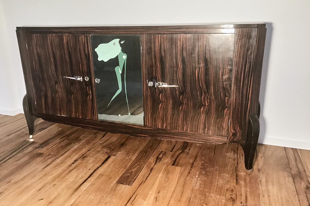   Art Deco Sideboard Makassar from France around 1925 with painted mirror