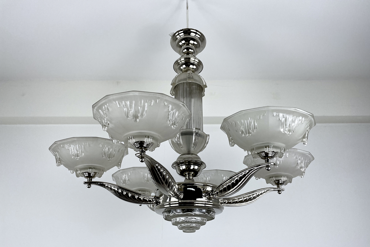 Art Deco ceiling light / chandelier with glass France around 1925, newly chromed